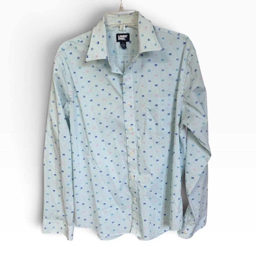 Lands End Button Down Mens Large Blue Crab Embroidered Pinstripe Nautical Shirt